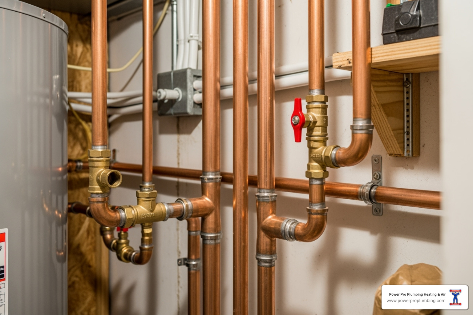 Clean copper pipework with a red shutoff valve